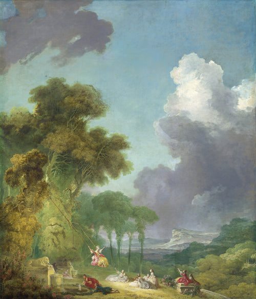 The Swing (Park Landscape) by Jean-Honoré Fragonard — A woman swings under a great tree as a dark cloud builds