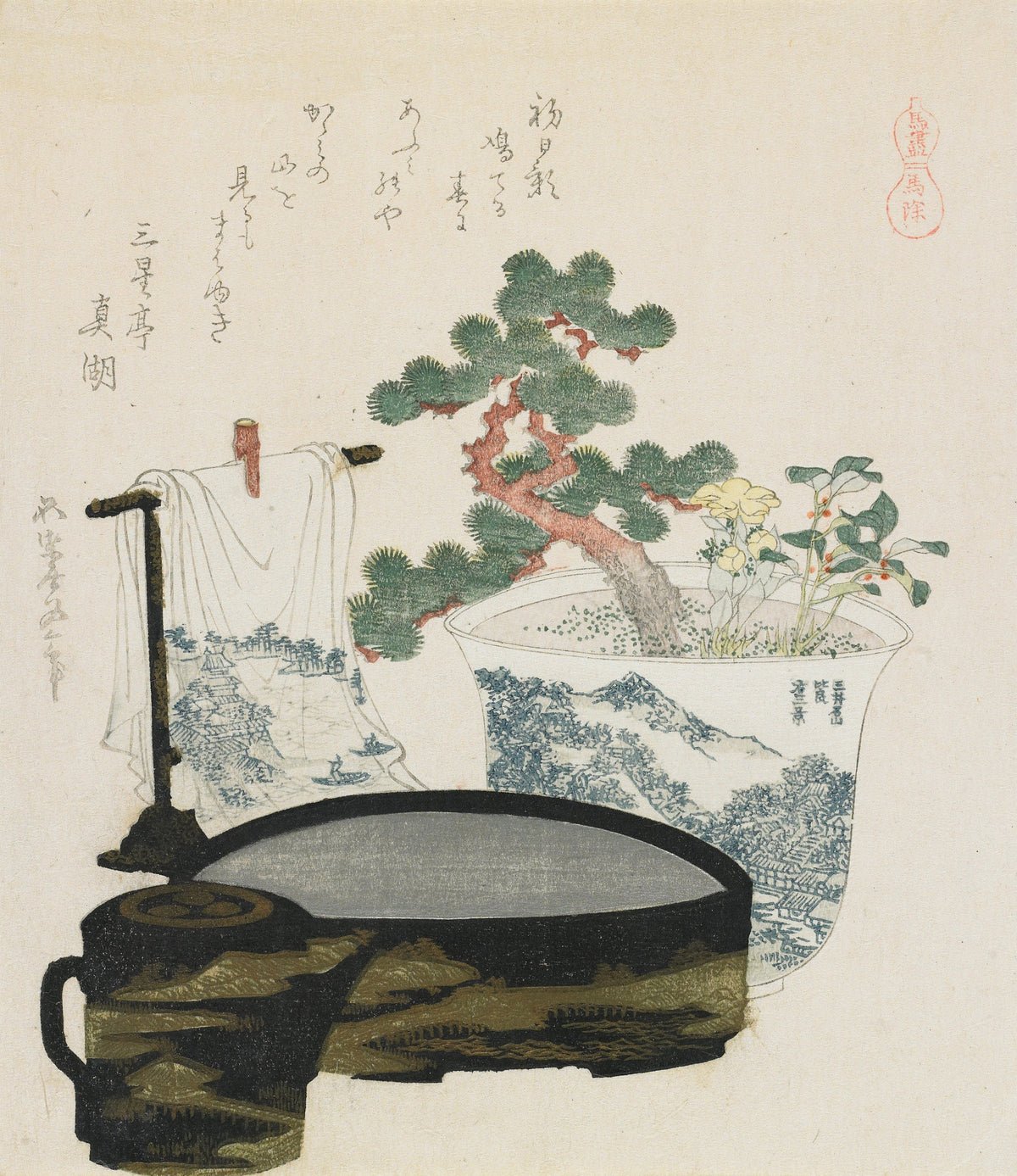 The Talisman by Katsushika Hokusai — A pine in a blue-and-white pot beside black lacquer ware