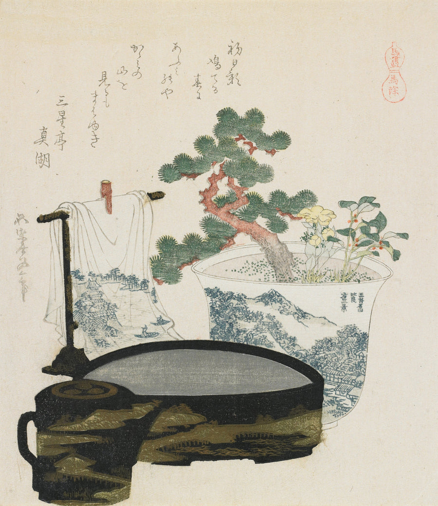 Katsushika Hokusai — The Talisman | Japanese Woodblock Print (Ukiyo-e) shown to scale on a wall above a sofa