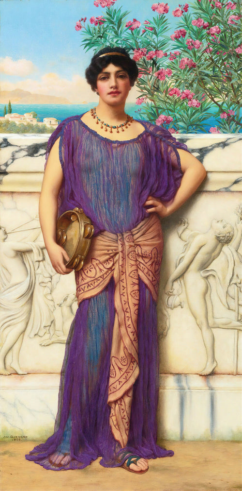 The Tambourine Girl by John William Godward — A woman in violet holds a tambourine before a carved marble wall