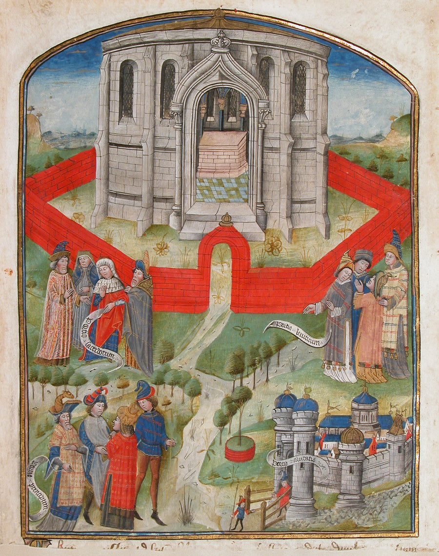 The Temple in Jerusalem | Illuminated Manuscript Print shown to scale on a wall above a sofa