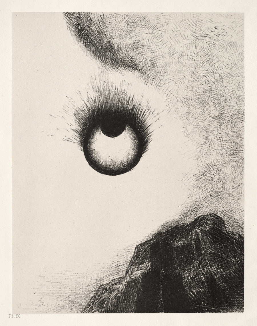 Odilon Redon — The Temptation of Saint Anthony: Everywhere Eyeballs Are Aflame | Symbolist Art Print shown to scale on a wall above a sofa