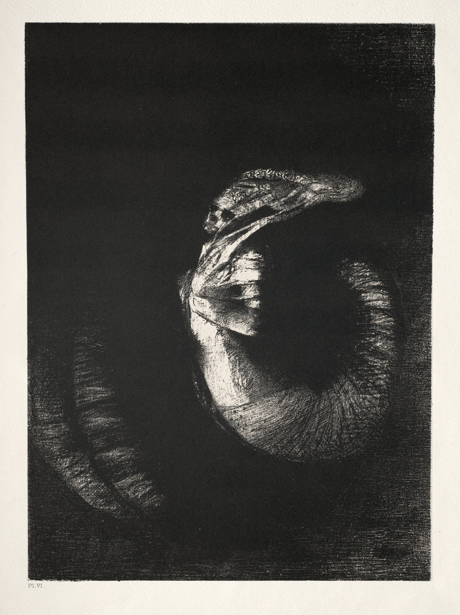 Odilon Redon — The Temptation of Saint Anthony: It Is a Skull Wreathed in Roses | Symbolist Art Print shown to scale on a wall above a sofa