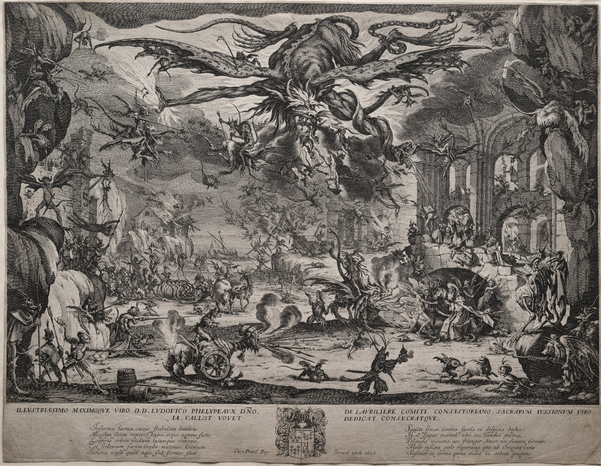 The Temptation of Saint Anthony (second version) by Jacques Callot — A chained winged monster fills the sky above a horde of demons