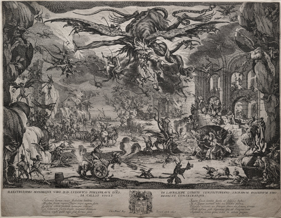 Jacques Callot — The Temptation of Saint Anthony (second version) | Etching Print shown to scale on a wall above a sofa