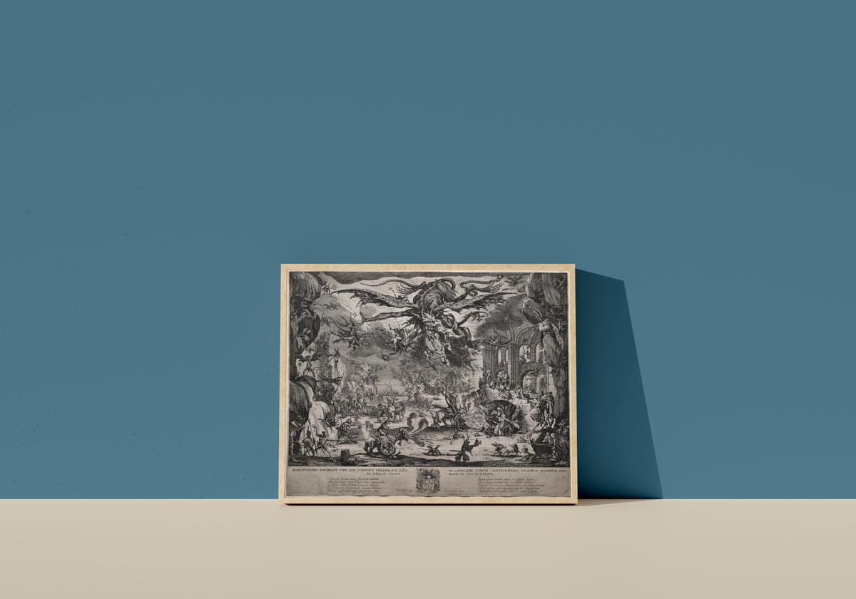 Framed art print of The Temptation of Saint Anthony (second version) by Jacques Callot, in a light wood frame leaning on a blue wall