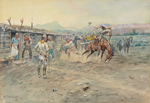The Tenderfoot by Charles M. Russell — A greenhorn is pitched headfirst off a bucking horse as cowboys laugh