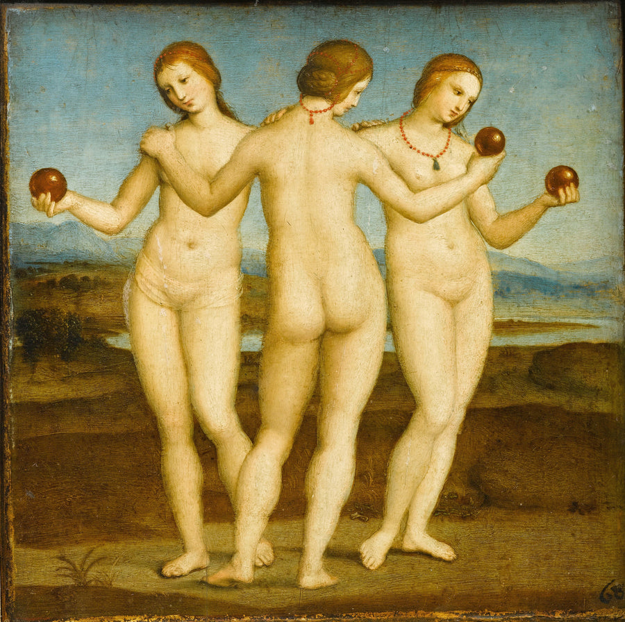 Raphael — The Three Graces | Fine Art Print shown to scale on a wall above a sofa