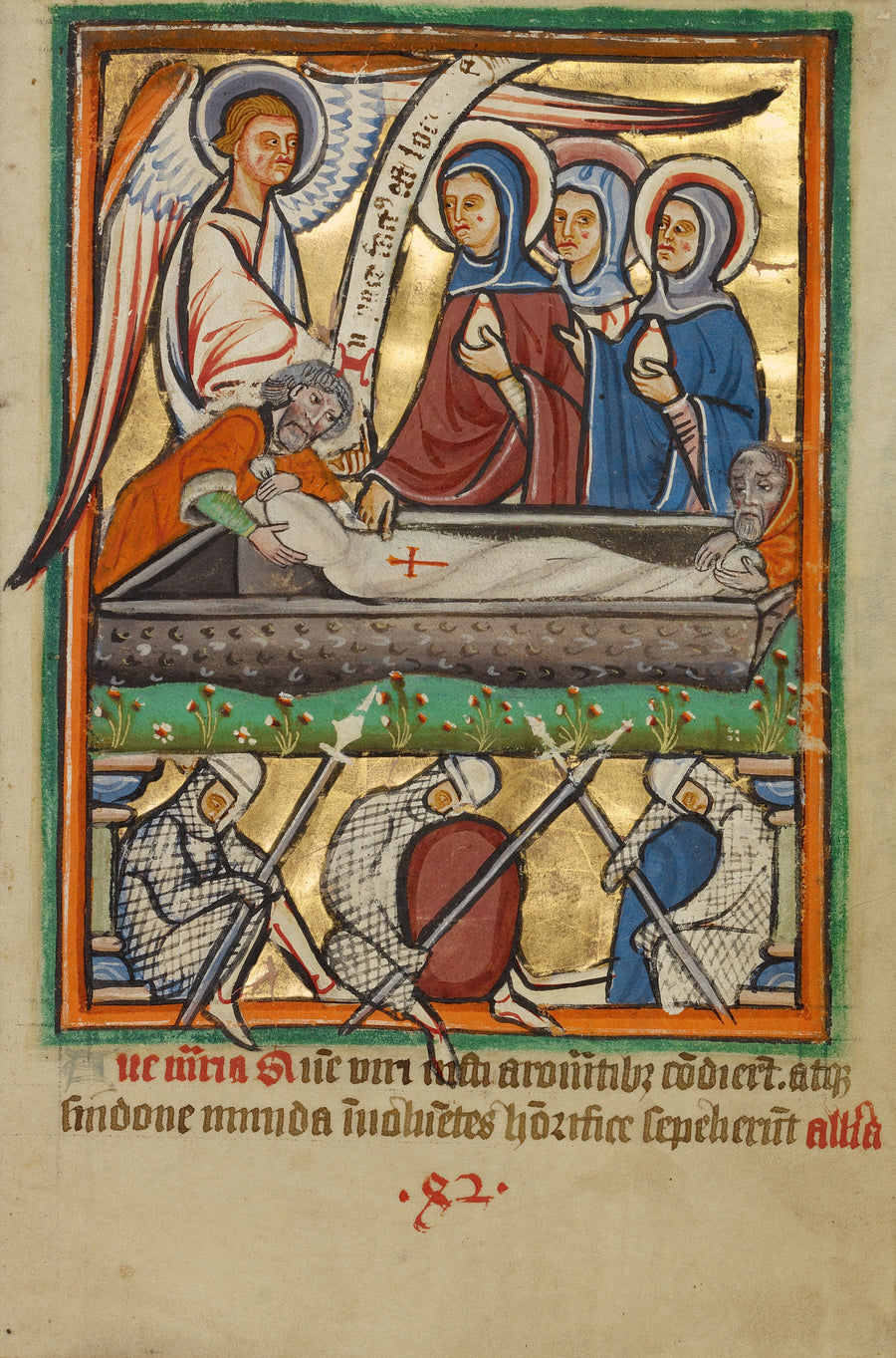 The Three Maries at the Sepulchre | Illuminated Manuscript Print shown to scale on a wall above a sofa