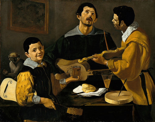 The Three Musicians by Diego Velázquez — A singer, a fiddler and a grinning boy crowd a sparse table