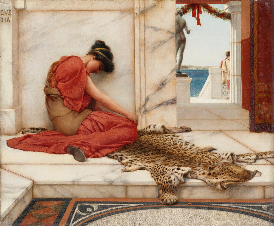 John William Godward — The Tiff | Art Print shown to scale on a wall above a sofa
