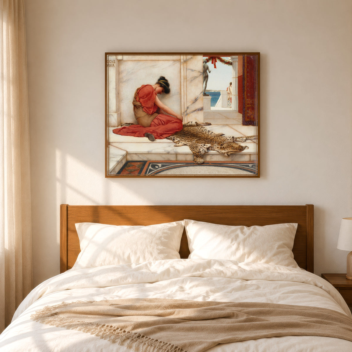 Framed art print of The Tiff by John William Godward, in a slim wood frame above a bed in a sunlit bedroom