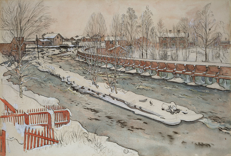 Carl Larsson — The Timber Chute. Winterscene | Swedish Watercolour Print shown to scale on a wall above a sofa