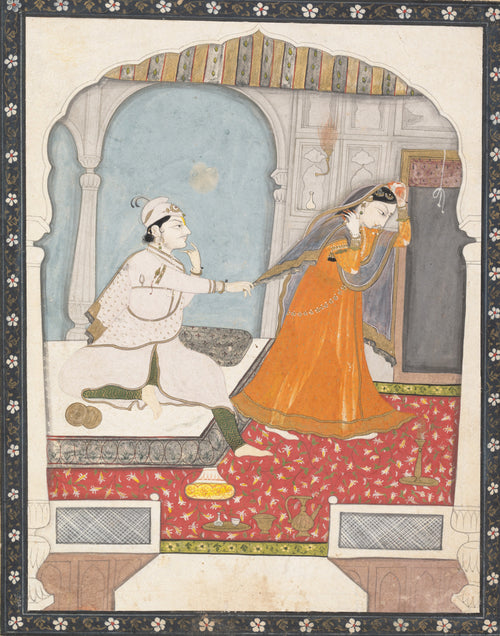 The Timid Bride by Kangra school — A kneeling man catches the veil of a bride turning away