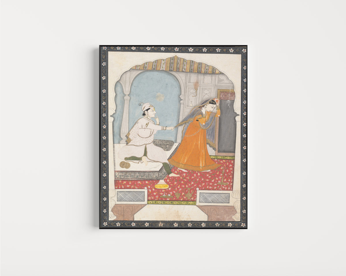 Framed art print of The Timid Bride by Kangra school, in a slim black frame on a plain white wall