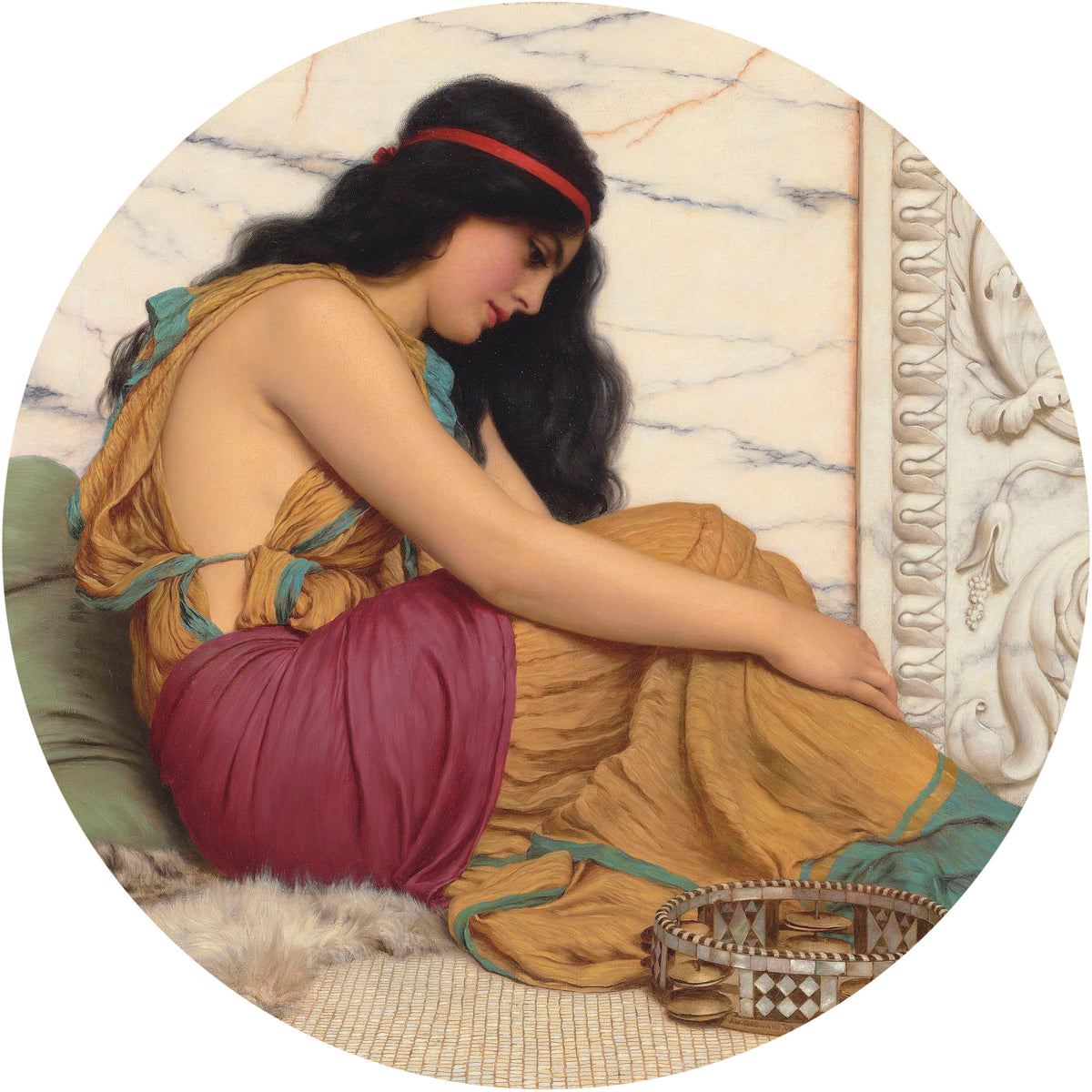 The Tired Danseuse by John William Godward — A weary dancer rests her arms on her knees beside a tambourine