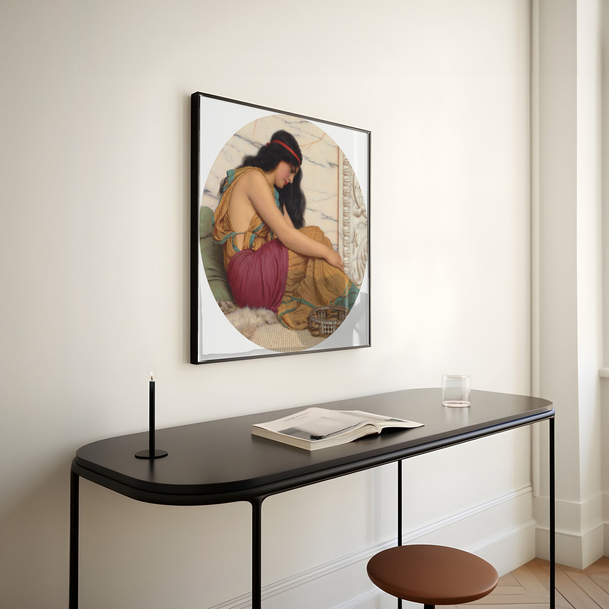 Framed art print of The Tired Danseuse by John William Godward, above a slim black console table