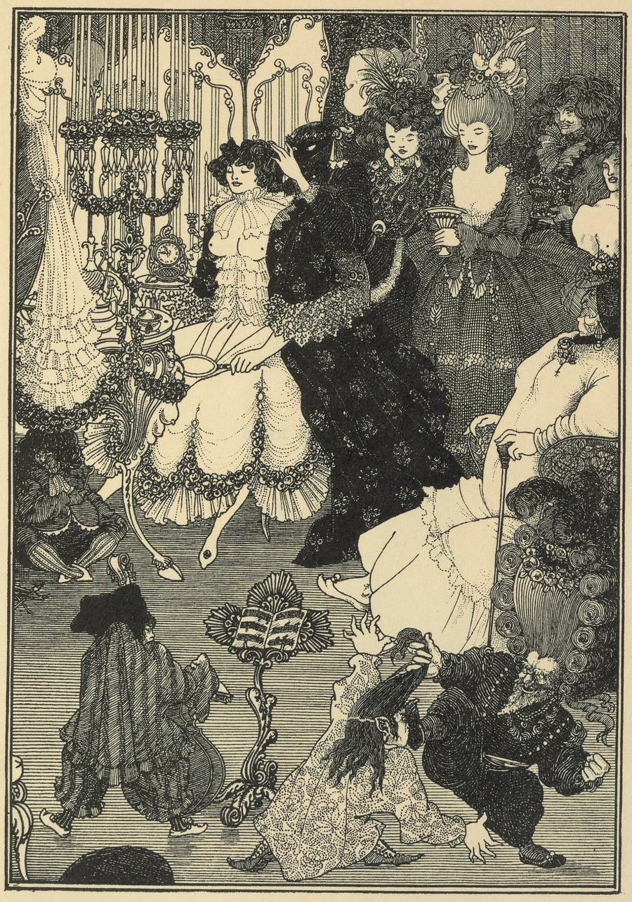 Aubrey Beardsley — The Toilet of Helen | Art Nouveau Illustration Print shown to scale on a wall above a sofa