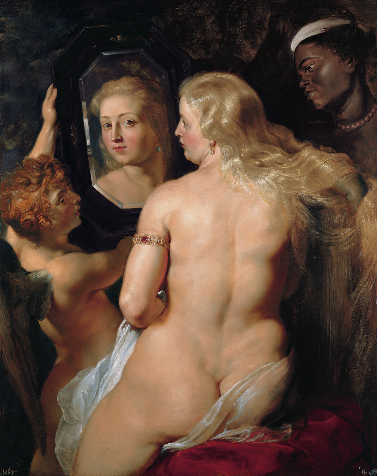 The Toilet of Venus by Peter Paul Rubens — A fair-haired woman meets her gaze in a mirror held by a winged boy
