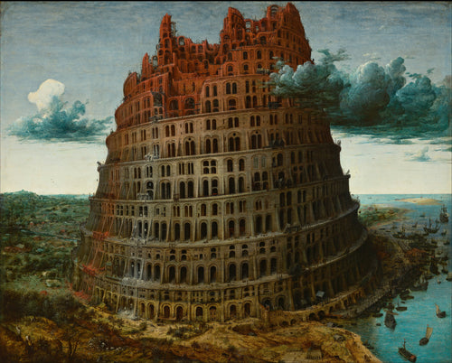 The Tower of Babel (Rotterdam) by Pieter Bruegel the Elder — A tiered tower of arches climbs from a harbour plain, red at the top