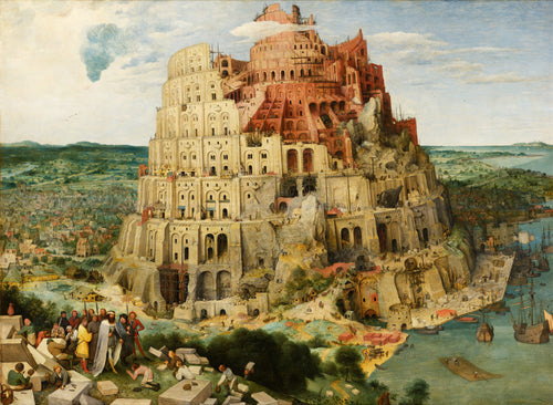 The Tower of Babel (Vienna) by Pieter Bruegel the Elder — A pale stone tower climbs in tiers above a busy harbour