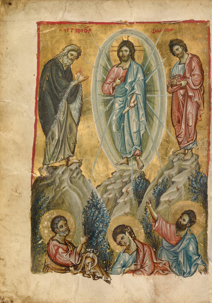 The Transfiguration | Illuminated Manuscript Print shown to scale on a wall above a sofa
