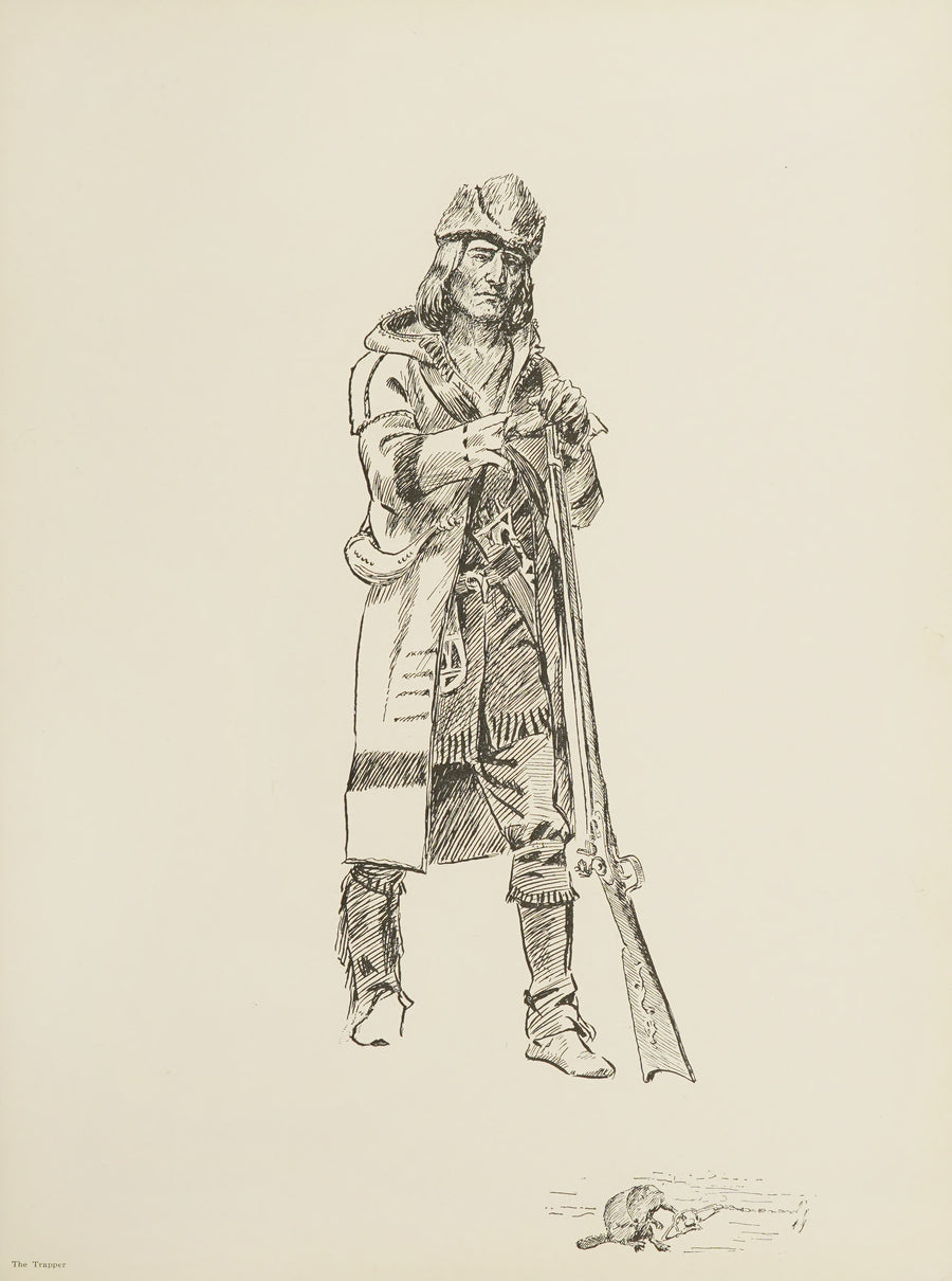 Charles M. Russell — The Trapper | Western Illustration Print shown to scale on a wall above a sofa