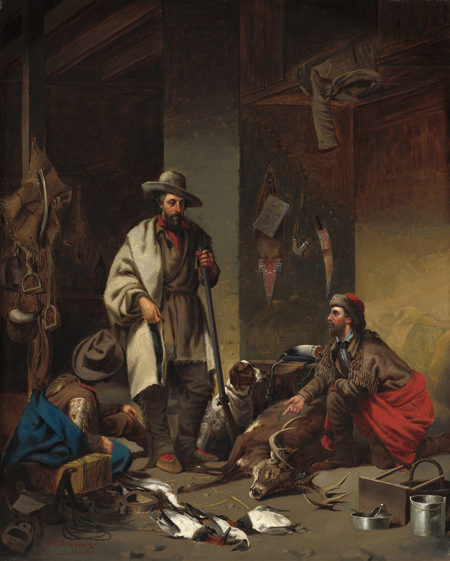John Mix Stanley — The Trapper's Cabin | Western Art Print shown to scale on a wall above a sofa