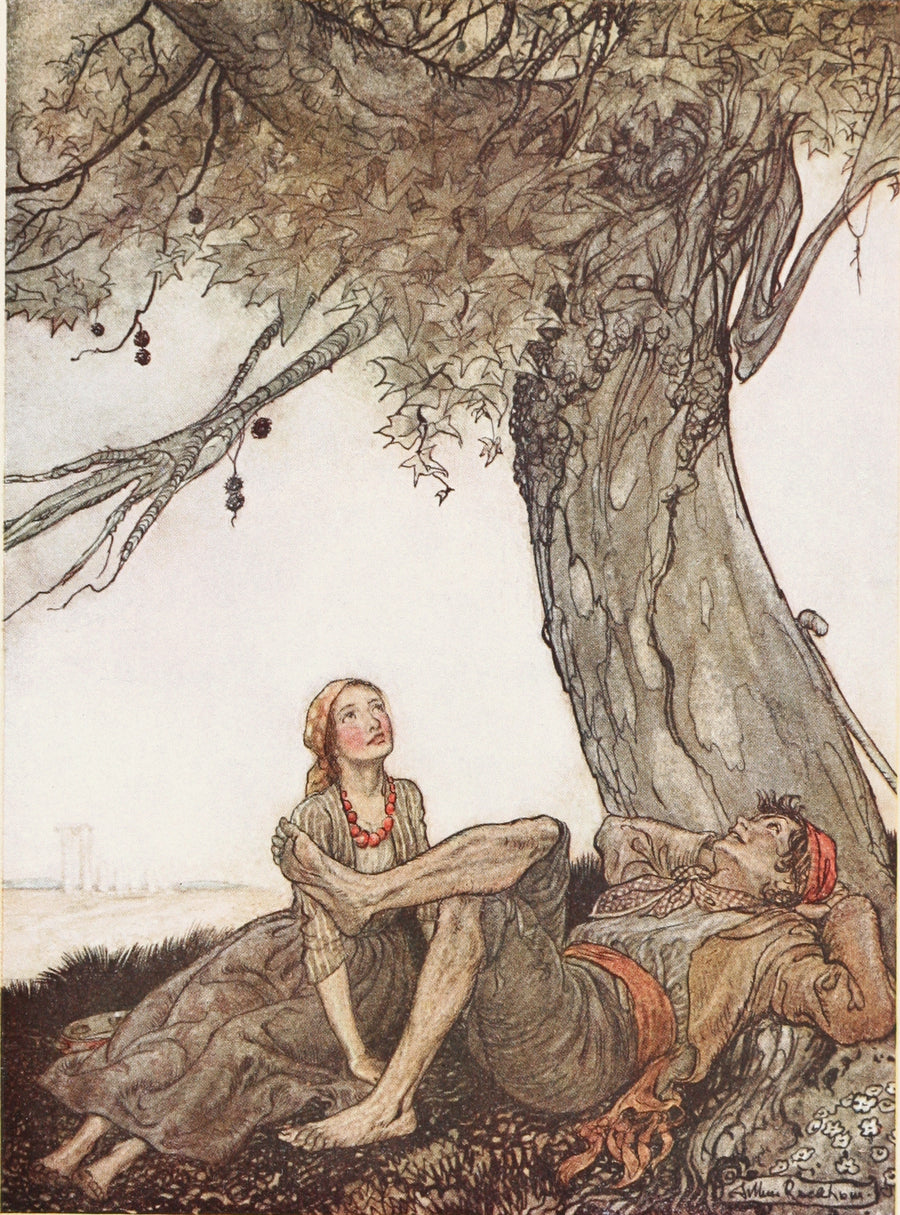 Arthur Rackham — The Travellers and the Plane-Tree | Fable Illustration Print shown to scale on a wall above a sofa