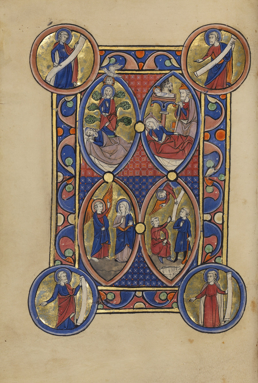 The Tree of Jesse; The Annunciation; The Nativity; The Annunciation to the Shepherds | Illuminated Manuscript Print shown to scale on a wall above a sofa