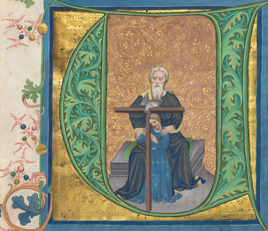 Master of the Gerona Martyrology (workshop) — The Trinity | Illuminated Initial Print shown to scale on a wall above a sofa