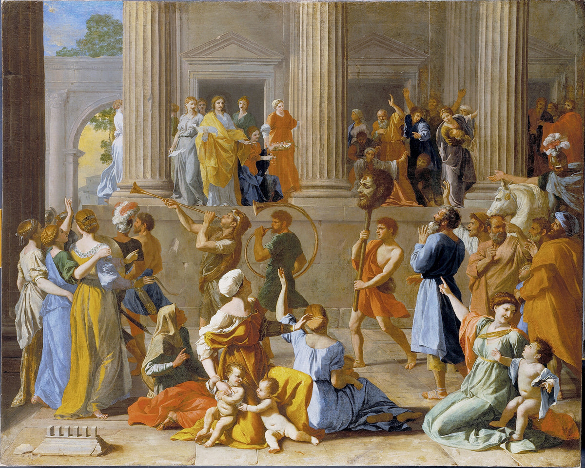 The Triumph of David by Nicolas Poussin — A procession with trumpets carries a head on a pole past columns