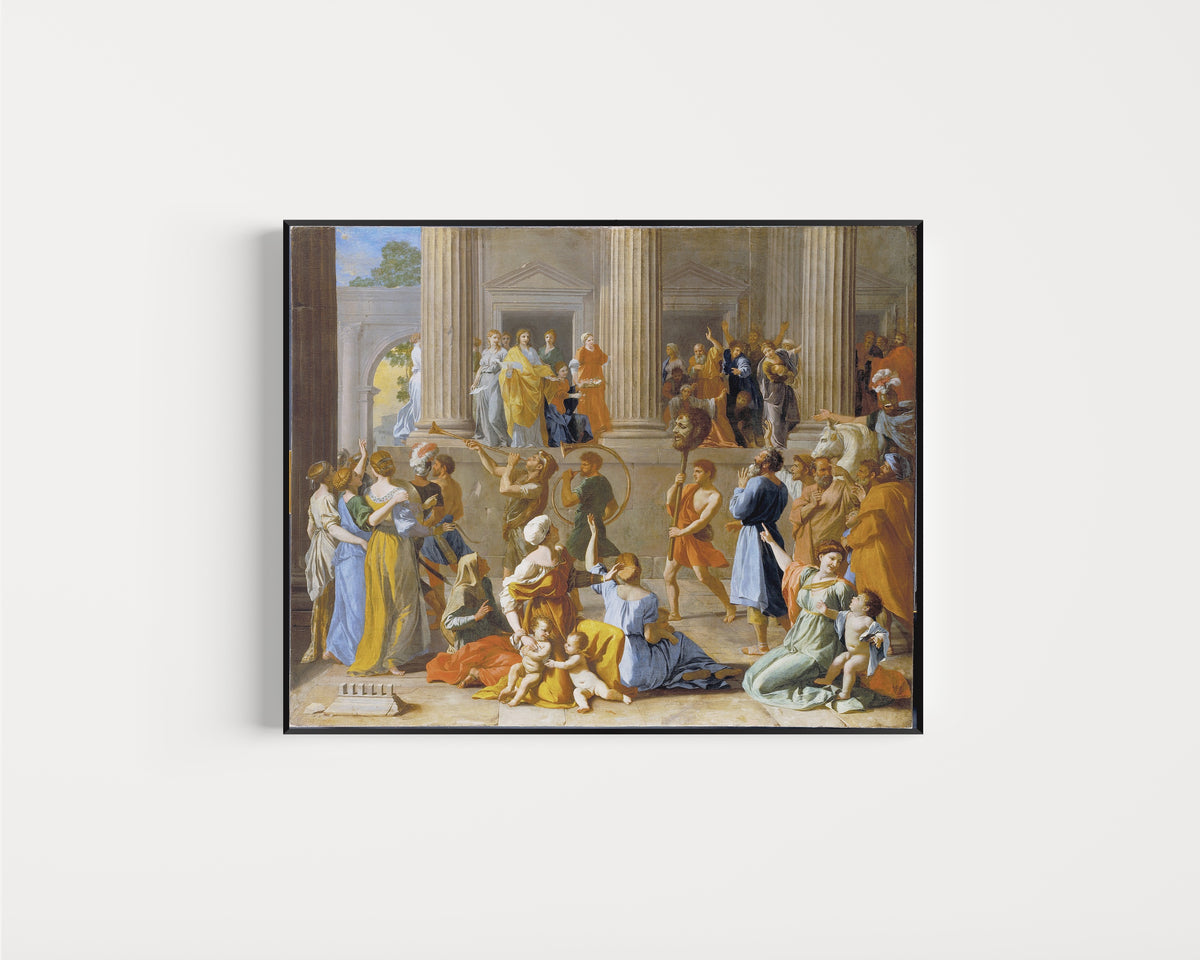 Framed art print of The Triumph of David by Nicolas Poussin, in a slim black frame on a plain white wall