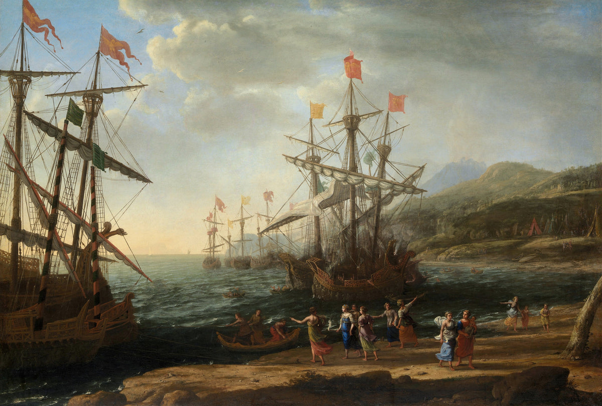 The Trojan Women Setting Fire to Their Fleet by Claude Lorrain — Women hurry along the shore as a ship burns among tall galleons