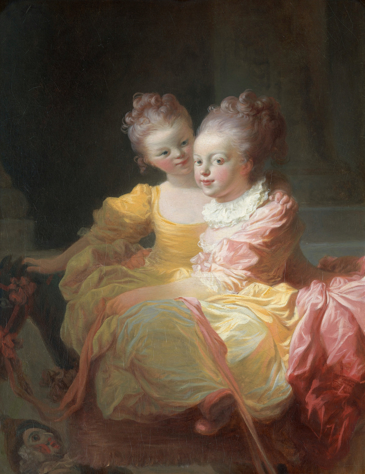 The Two Sisters by Jean-Honoré Fragonard — Two girls in yellow and pink lean close, a mask at their feet