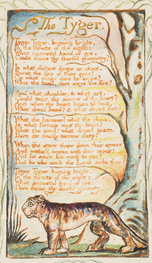 The Tyger (Songs of Experience) by William Blake — A striped tiger pads beneath a tree under the hand-lettered poem