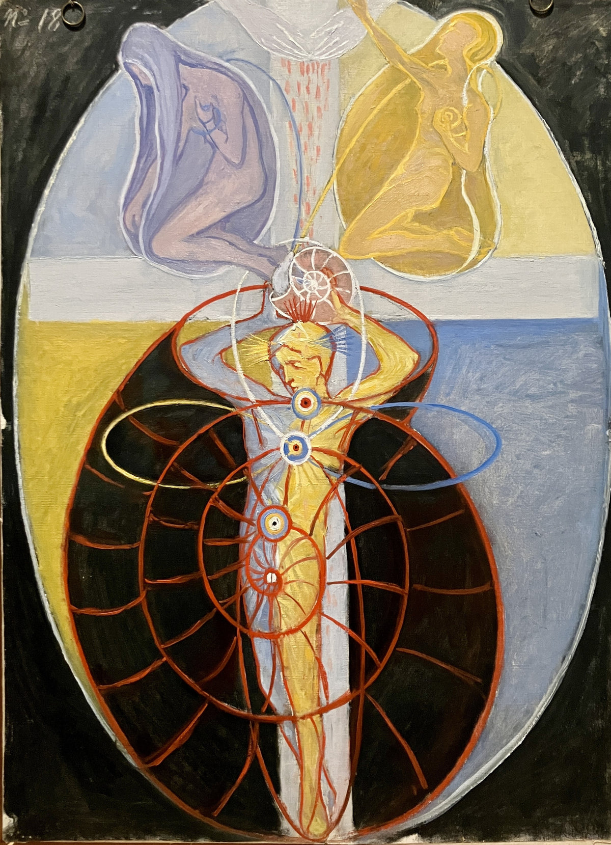 The US Series, Group VIII, No. 1 by Hilma af Klint — A golden figure rises through red spirals beneath two kneeling figures