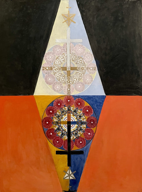 The US Series, Group VIII, No. 6 by Hilma af Klint — Two rose-ringed crosses in a tall diamond over black and orange