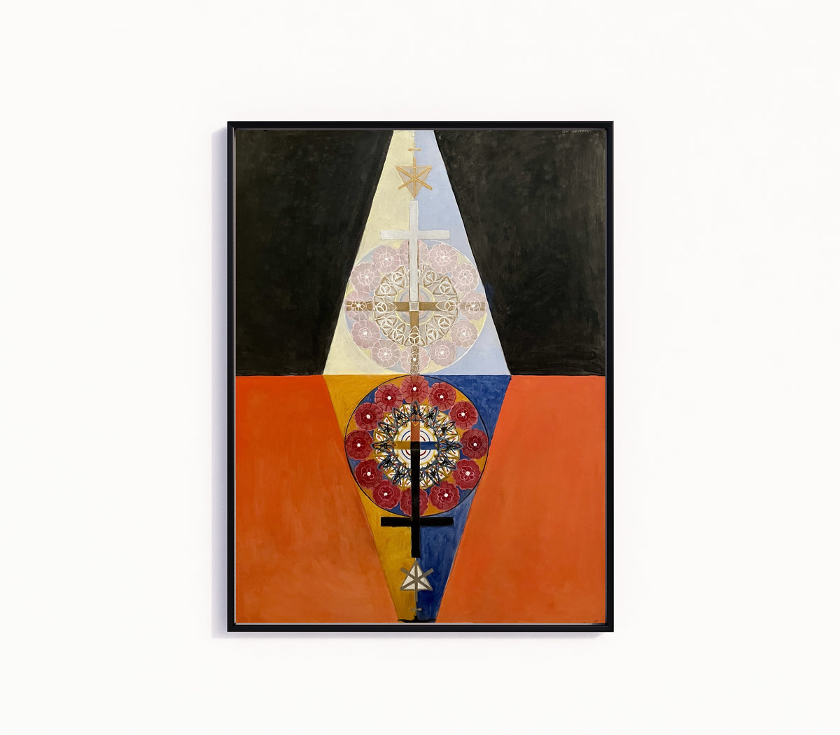 Framed art print of The US Series, Group VIII, No. 6 by Hilma af Klint, in a slim black frame on a plain white wall