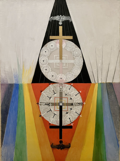 The US Series, Group VIII, No. 7 by Hilma af Klint — A gold cross and a black cross meet over lace discs and rainbow bands