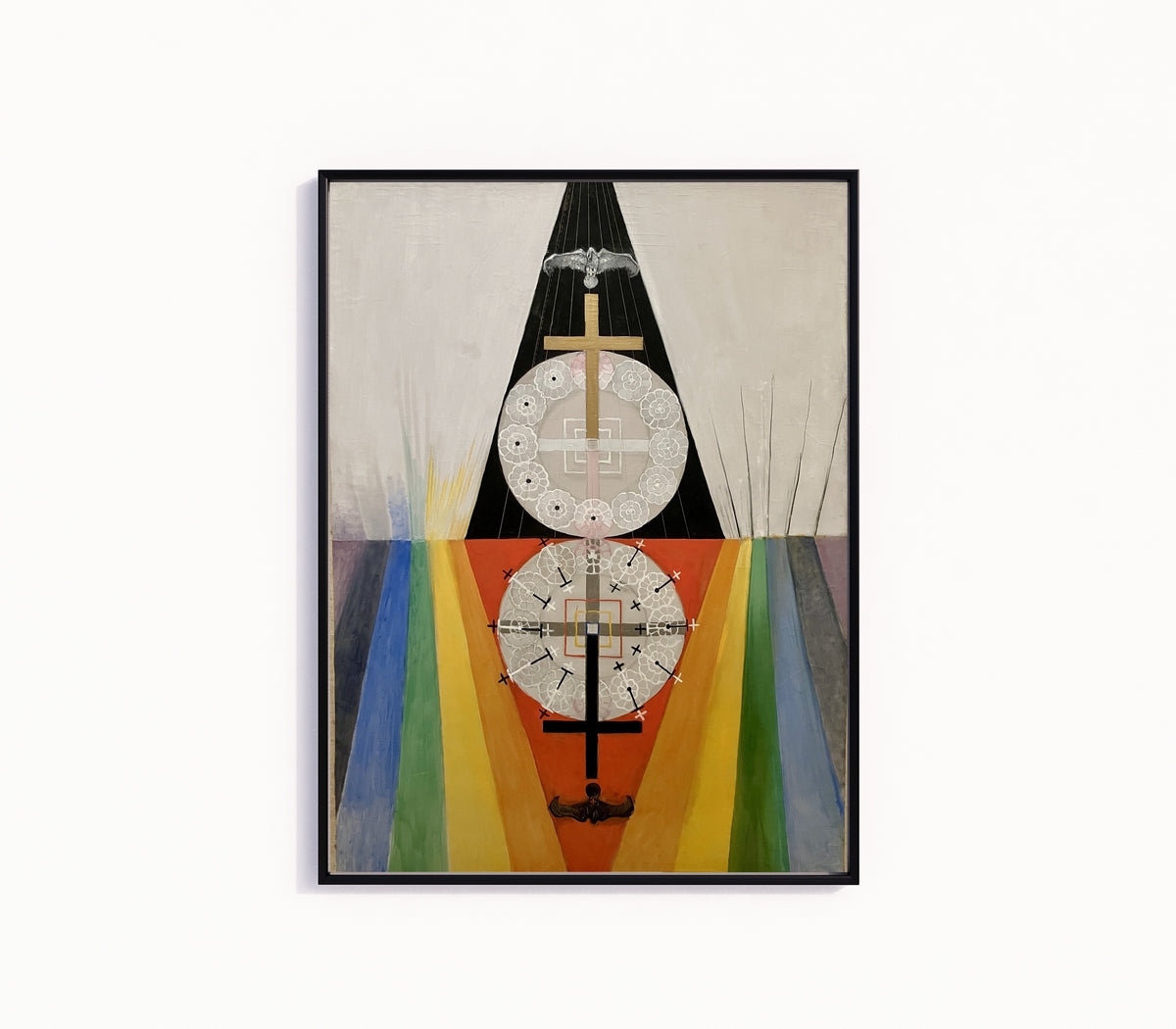 Framed art print of The US Series, Group VIII, No. 7 by Hilma af Klint, in a slim black frame on a plain white wall