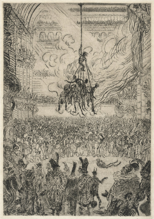 The Vengeance of Hop-Frog by James Ensor — A jester climbs a chain above burning captives in a packed hall