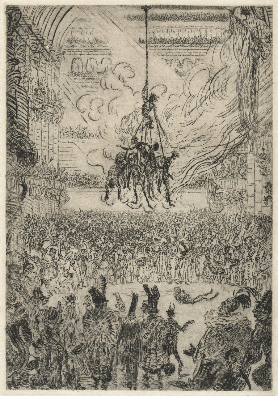 James Ensor — The Vengeance of Hop-Frog | Etching Print shown to scale on a wall above a sofa