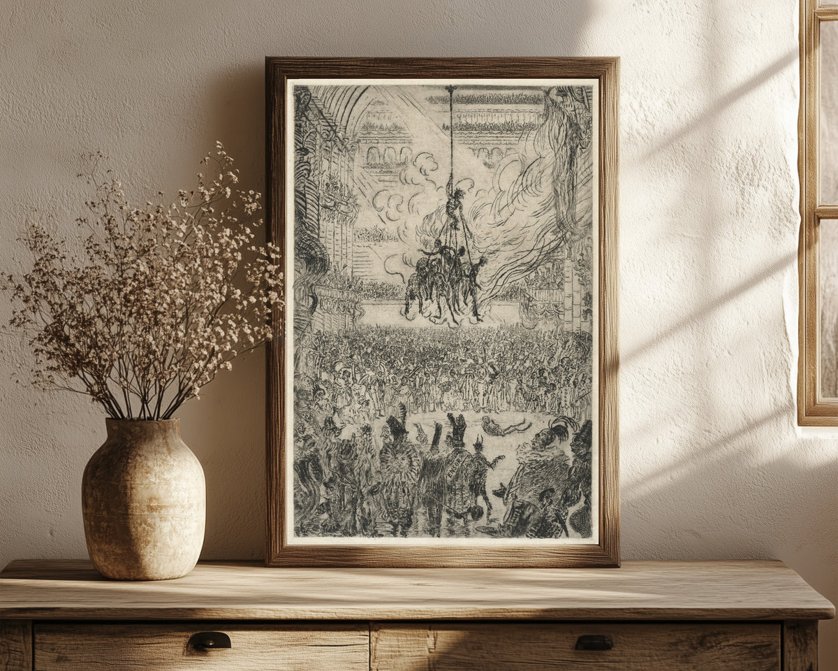 Framed art print of The Vengeance of Hop-Frog by James Ensor, in a dark wood frame leaning on a rustic console beside dried flowers