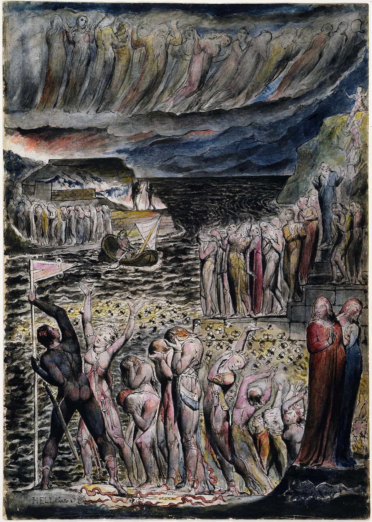 The Vestibule of Hell and Souls Mustering to Cross the Acheron by William Blake — Lamenting souls crowd a dark shore as a boat crosses a black river