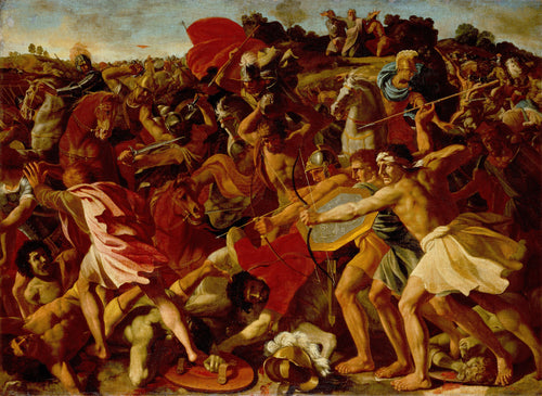 The Victory of Joshua over the Amalekites by Nicolas Poussin — Horsemen and foot soldiers clash beneath a great red banner