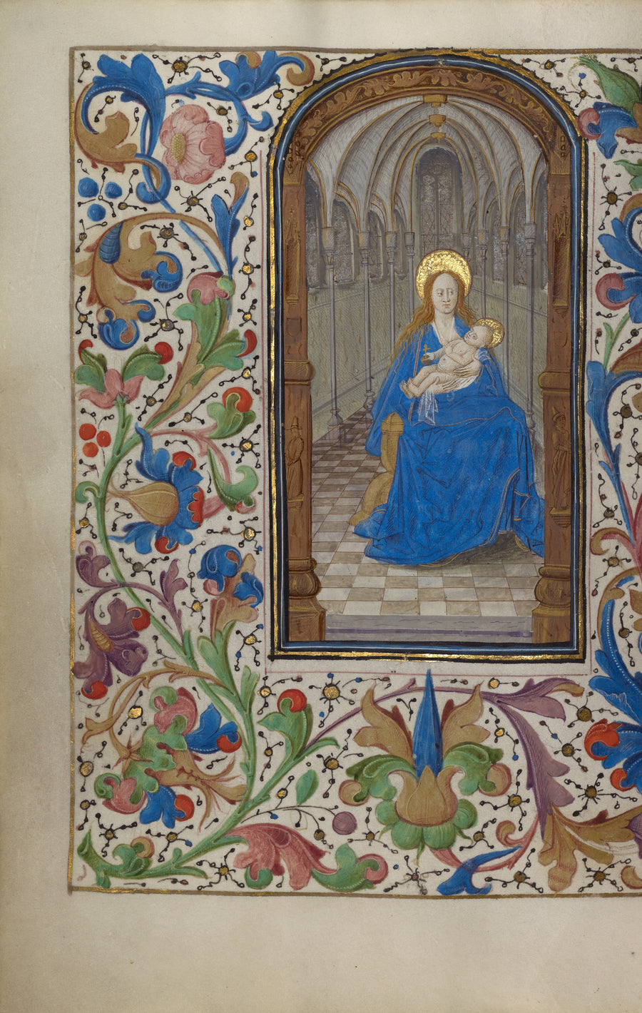 The Virgin and Child Enthroned within a Church | Illuminated Manuscript Print shown to scale on a wall above a sofa