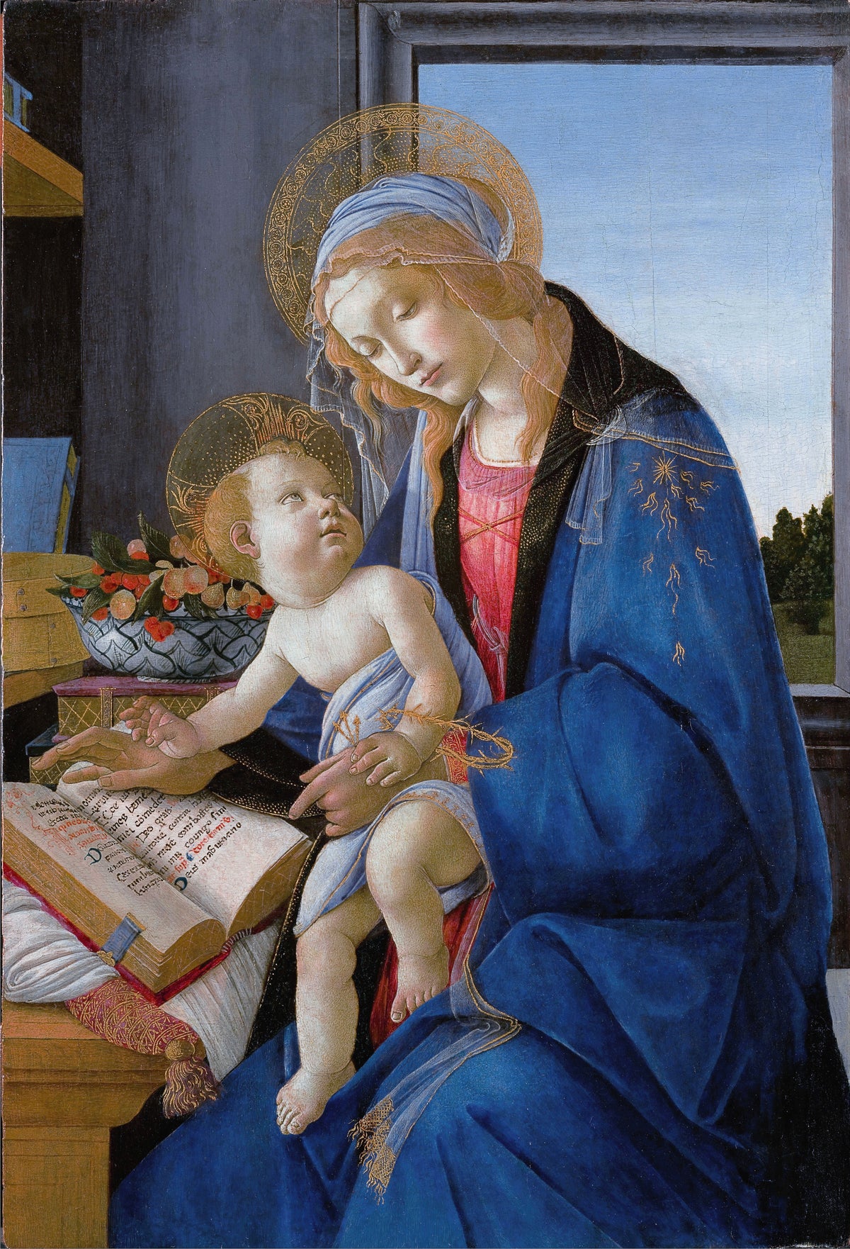 The Virgin and Child (The Madonna of the Book) by Sandro Botticelli — A blue-mantled Virgin and her Child beside an open book and fruit