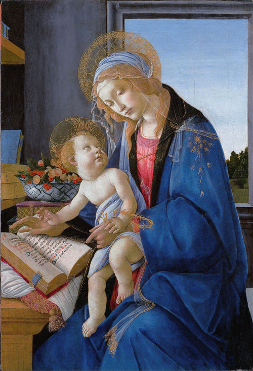 The Virgin and Child (The Madonna of the Book) by Sandro Botticelli — A blue-mantled Virgin and her Child beside an open book and fruit