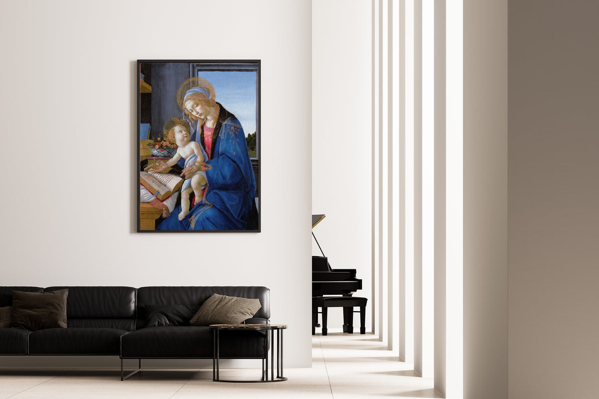 Framed art print of The Virgin and Child (The Madonna of the Book) by Sandro Botticelli, on the wall of a minimal living room